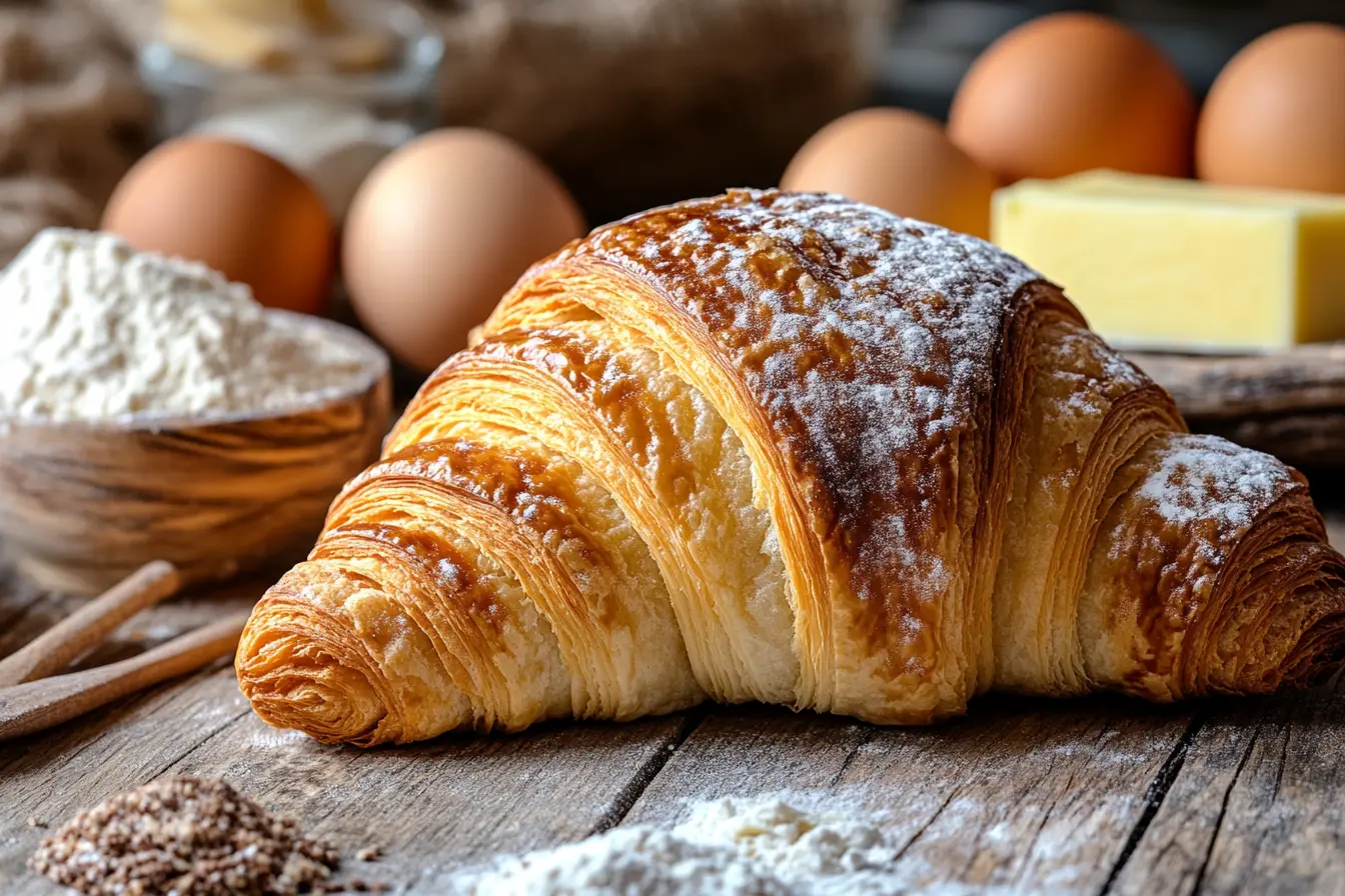 Close-up of a golden brown, flaky croissant on a rustic wooden table with ingredients like flour, butter, and eggs.