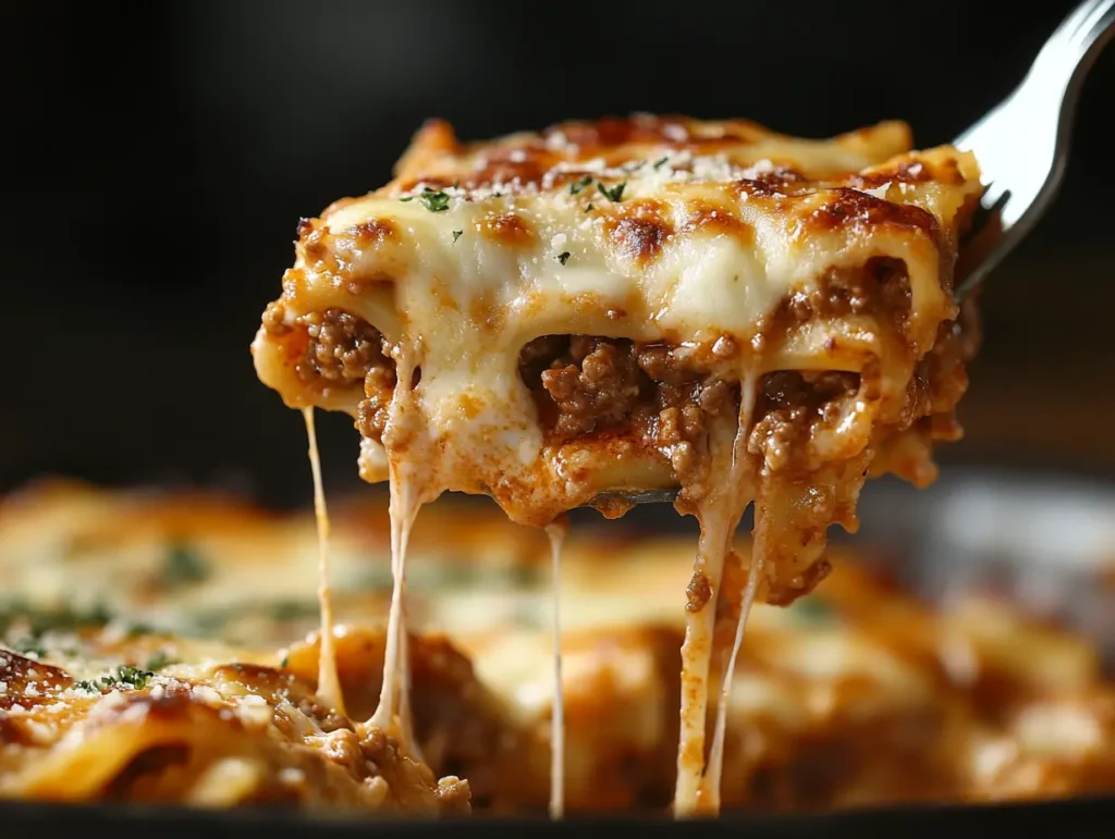 A slice of oven-ready lasagna served on a white plate, showcasing layers of pasta, rich meat sauce, and melted cheese with a golden-brown top