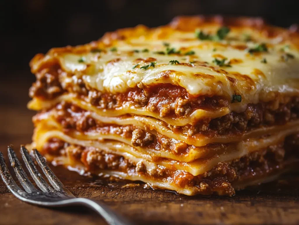 Close-up of oven-ready lasagna with golden crispy cheese, rich tomato sauce, and layers of noodles