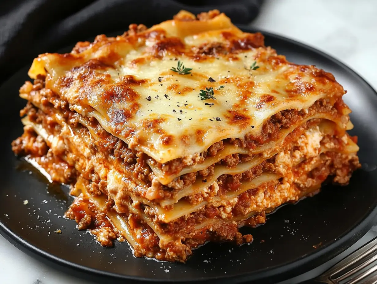 Close-up of oven-ready lasagna with perfectly golden cheese, showing how much water to add for the perfect bake.