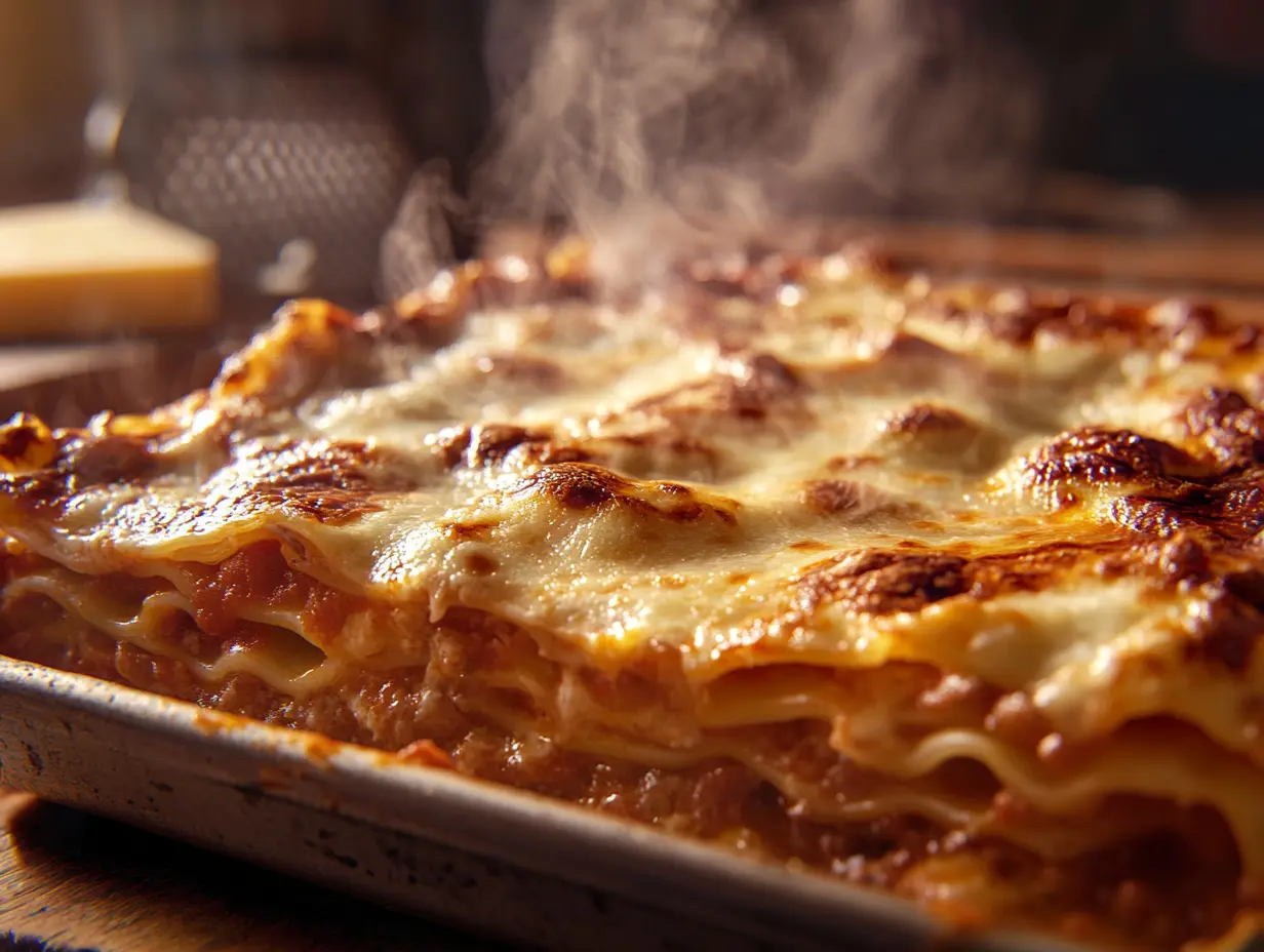 Close-up of a freshly baked lasagna with golden brown cheese layers, demonstrating how uncooked lasagna sheets can be perfectly cooked in the oven.