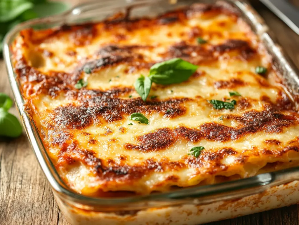 Homemade lasagna fresh out of the oven with a golden-brown, crispy cheese topping, showing rich layers of pasta, sauce, and melted cheese