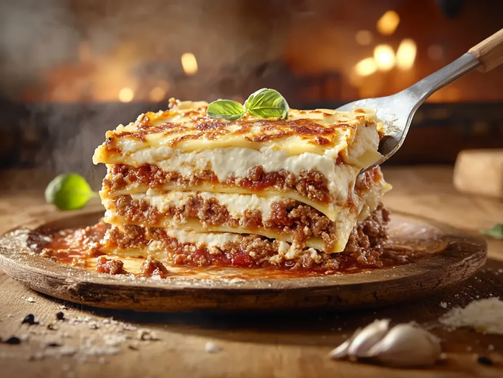 Perfectly baked lasagna with distinct layers of cheese, pasta, and sauce, showcasing how to avoid a watery lasagna.