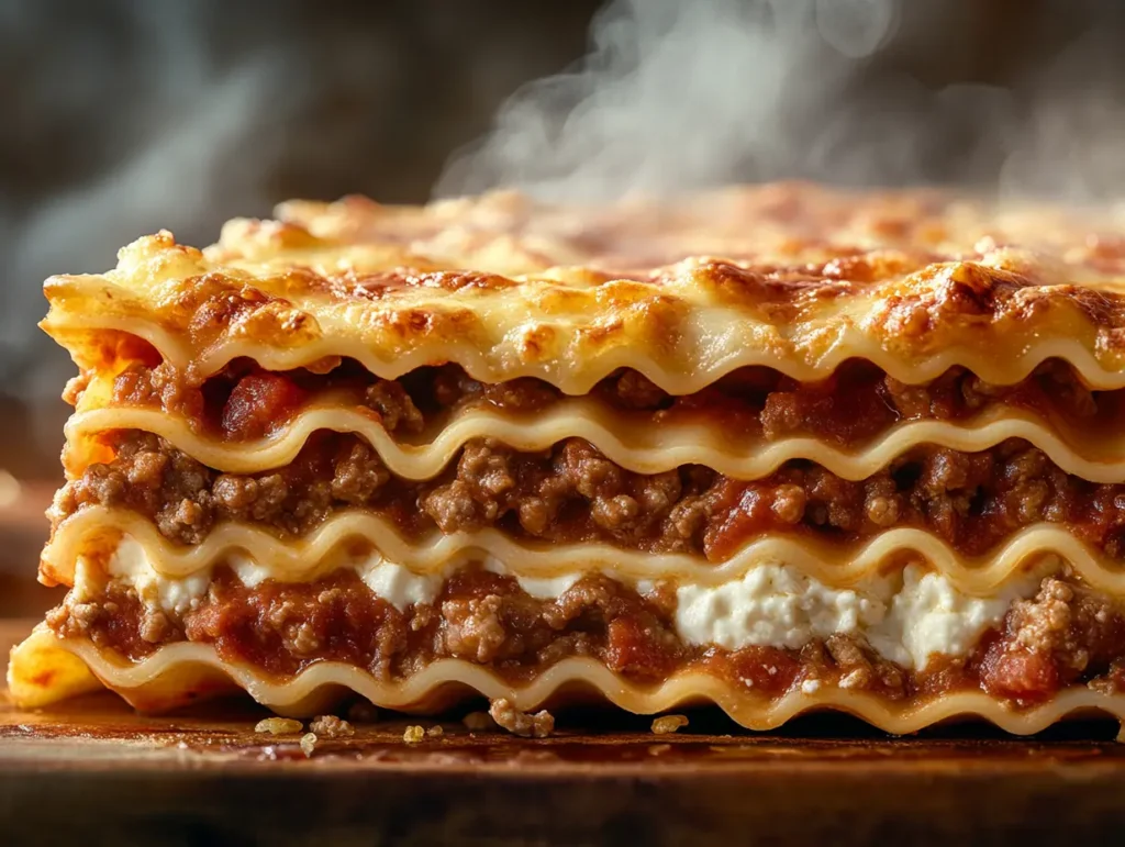 Lasagna being placed into an oven preheated to 350°F, with clear layers of pasta, meat, cheese, and sauce.