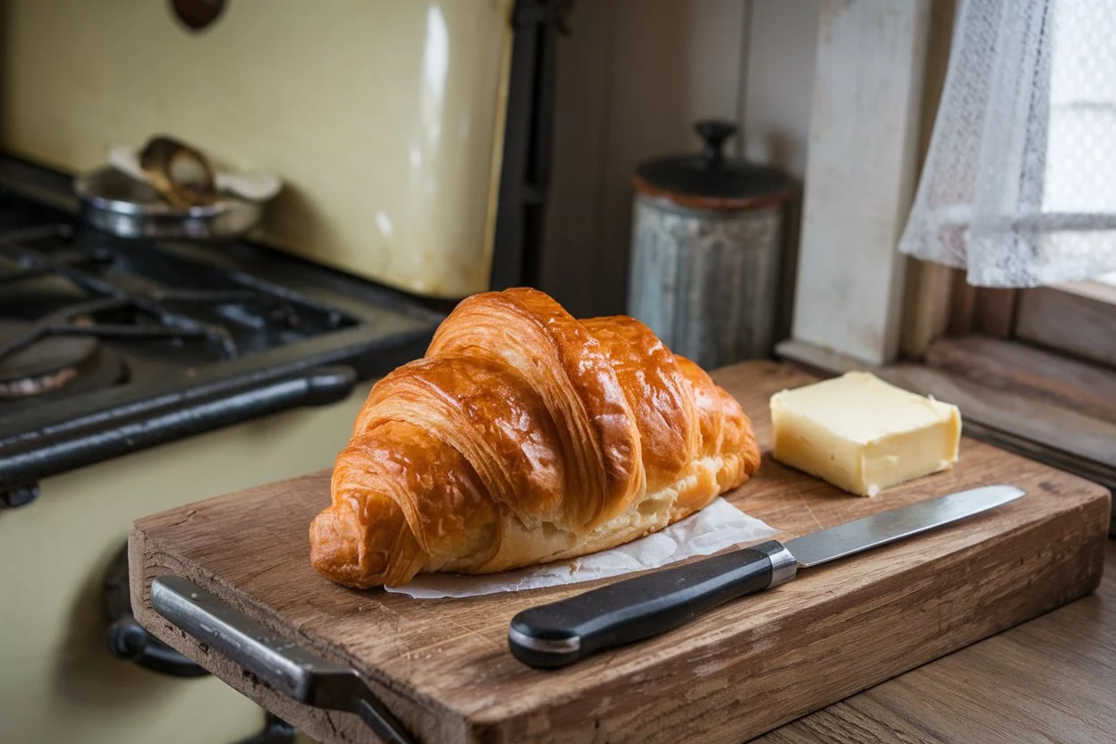 A classic croissant with flaky golden layers on a wooden cutting board, showcasing what a croissant is made of.