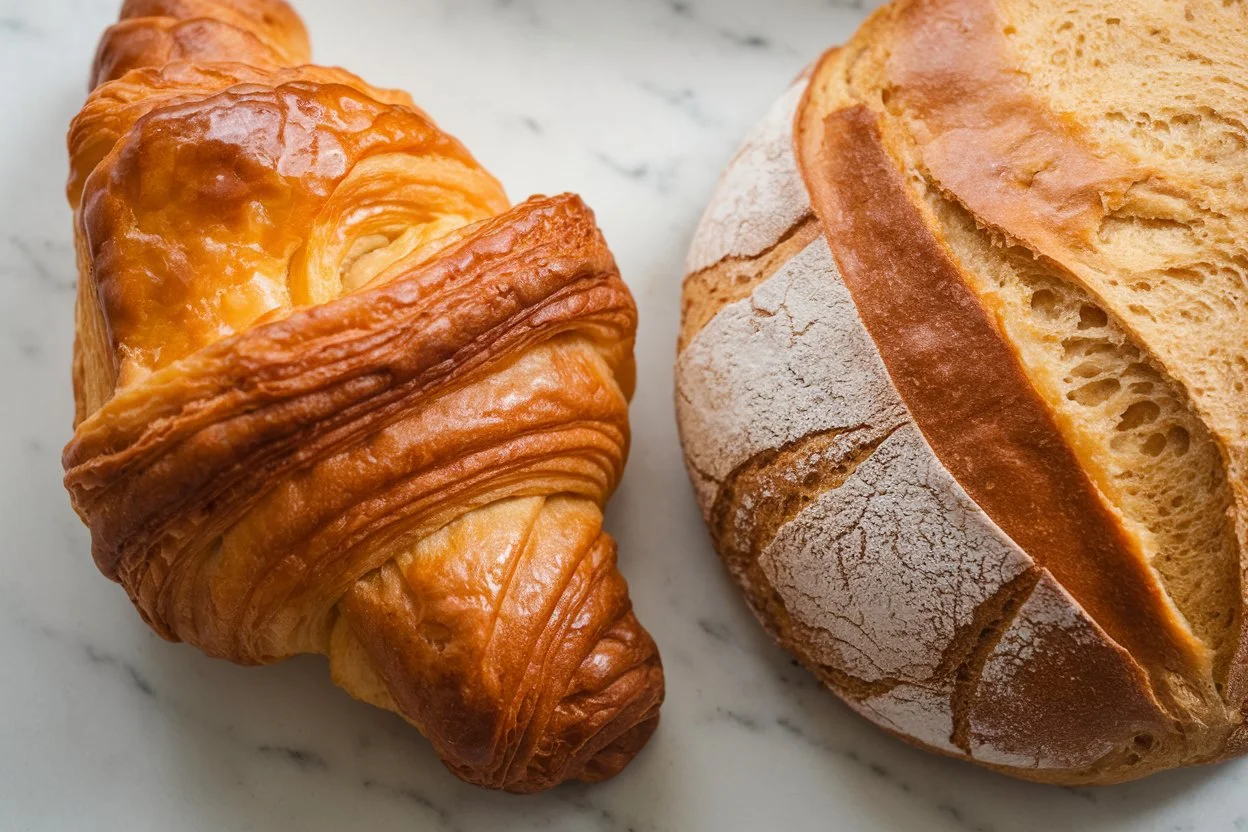 Side-by-side comparison of a croissant and a Gipfeli showcasing their differences in texture and appearance