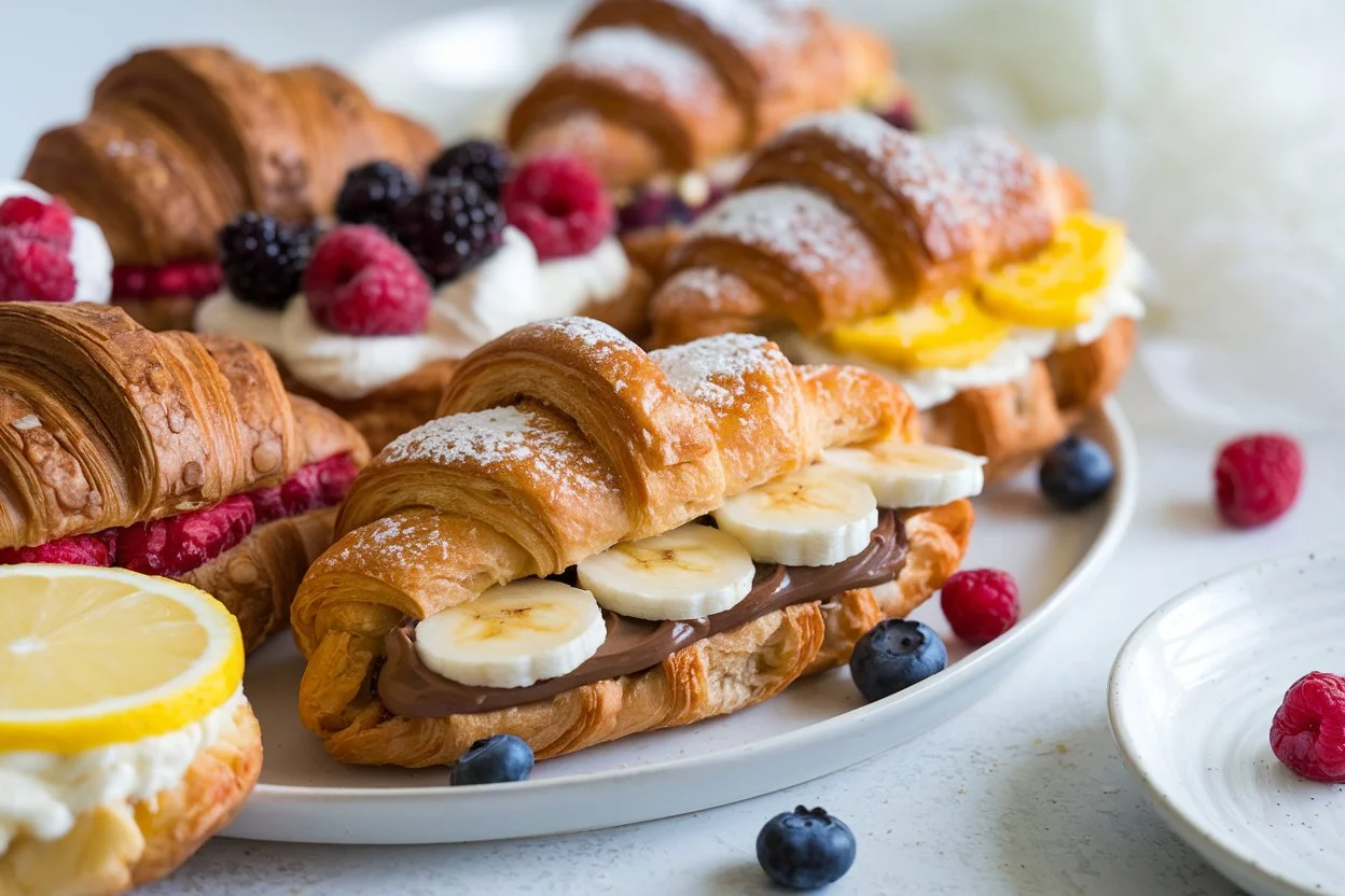 Croissants filled with Nutella and bananas, fresh berries and mascarpone, and tangy lemon curd, placed on a white plate with scattered berries.