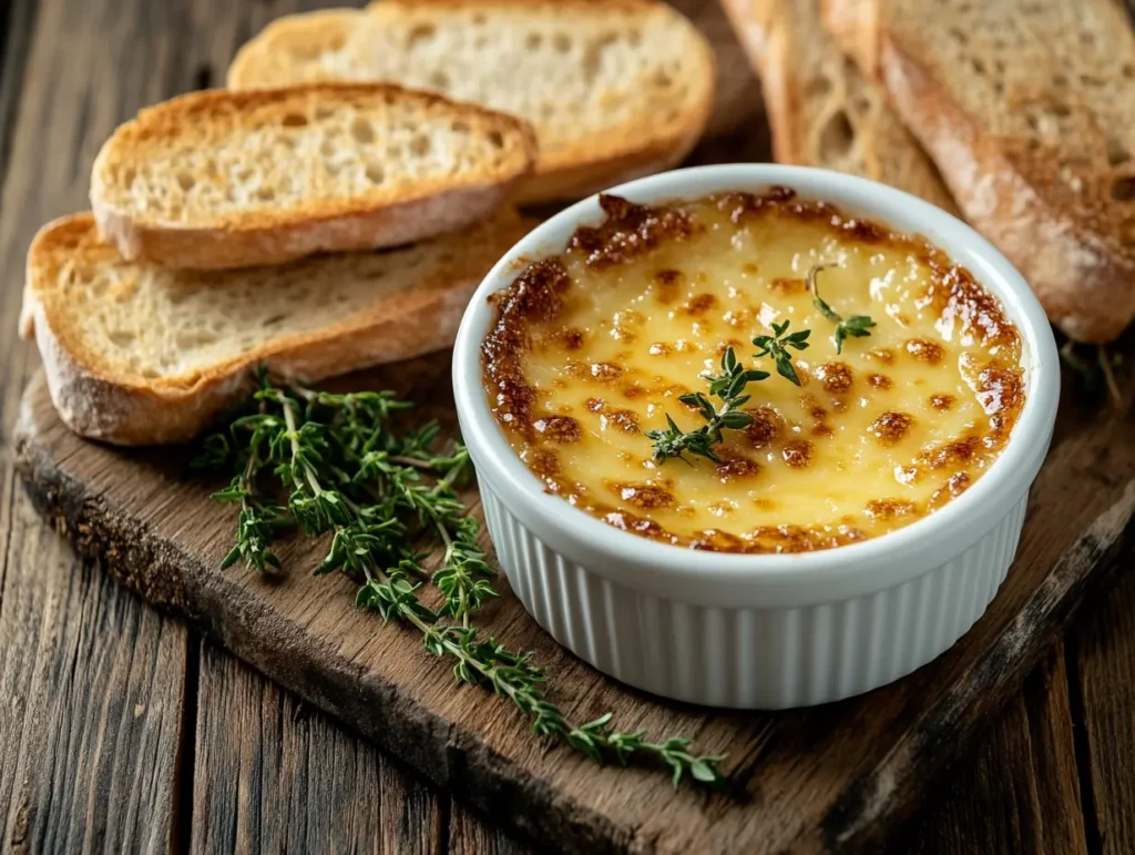 Golden-brown crab brulee in a ramekin with caramelized sugar crust, garnished with herbs, and placed next to fresh crab claws. Perfect gourmet crab brulee recipe.