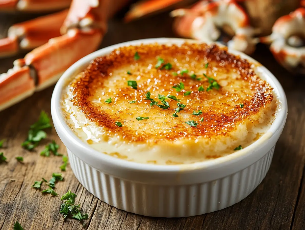 Golden-brown crab brulee in a ramekin with caramelized sugar crust, garnished with herbs, and placed next to fresh crab claws. Perfect gourmet crab brulee recipe.