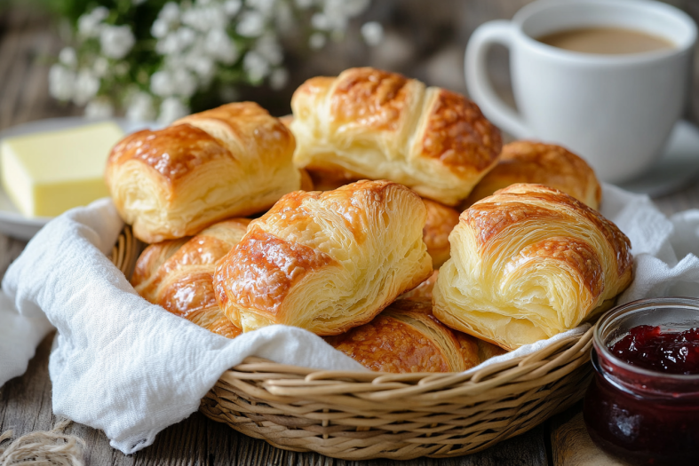 Freshly baked Gipfeli arranged in a basket, with butter and jam on the side, showcasing the final result of an authentic Gipfeli recipe.