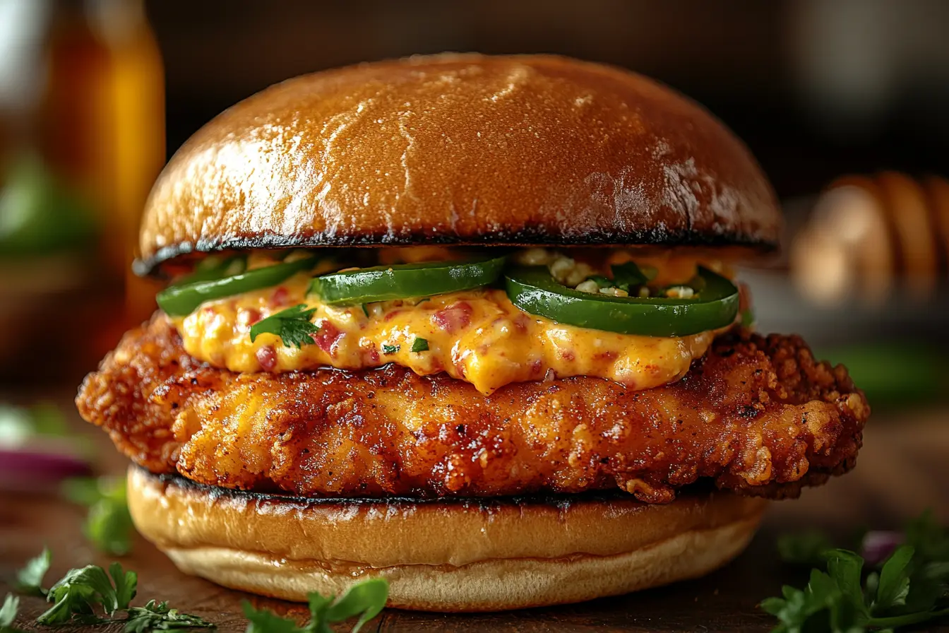 Crispy Honey Pepper Pimento Chicken Sandwich with melted pimento cheese, pickled jalapeños, and honey drizzle on a toasted bun.