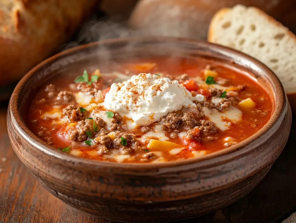 A steaming bowl of lasagne soup made with broken lasagne sheets, ground beef, diced tomatoes, and a savory broth, garnished with ricotta cheese, shredded mozzarella, and Parmesan, served in a rustic ceramic bowl with crusty bread on the side.