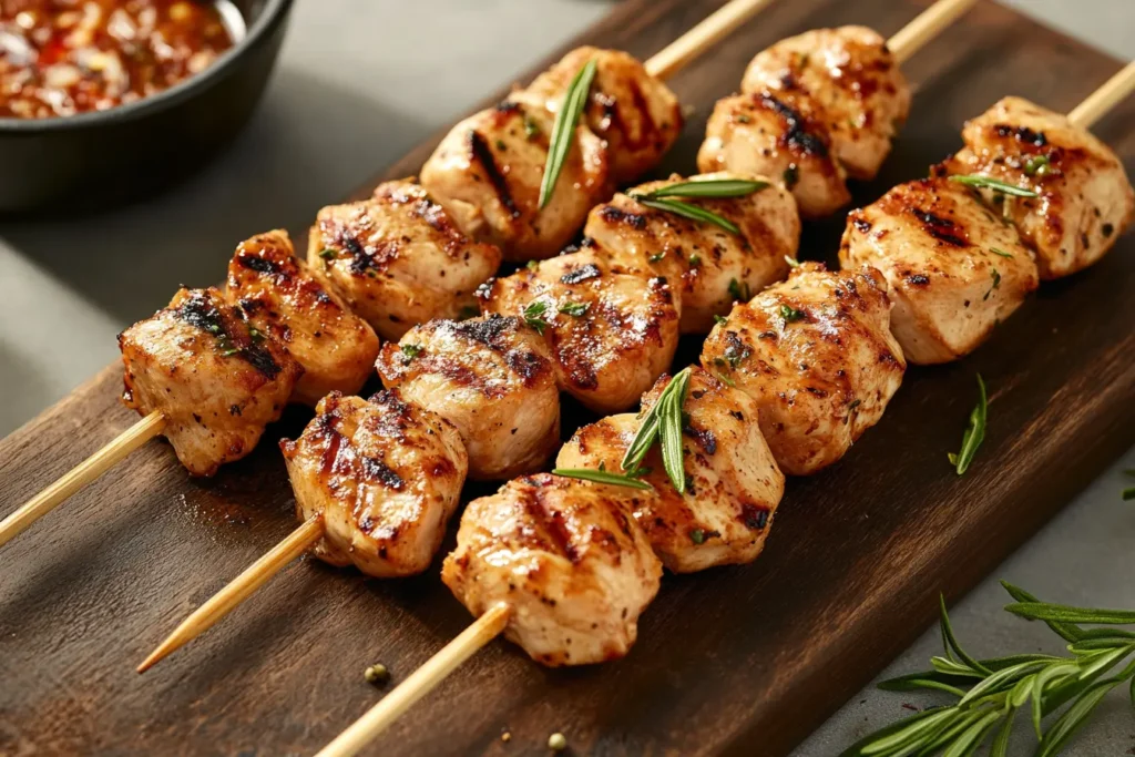 Grilled Costco chicken skewers with Mediterranean herbs on a wooden platter, served with hummus and salad.