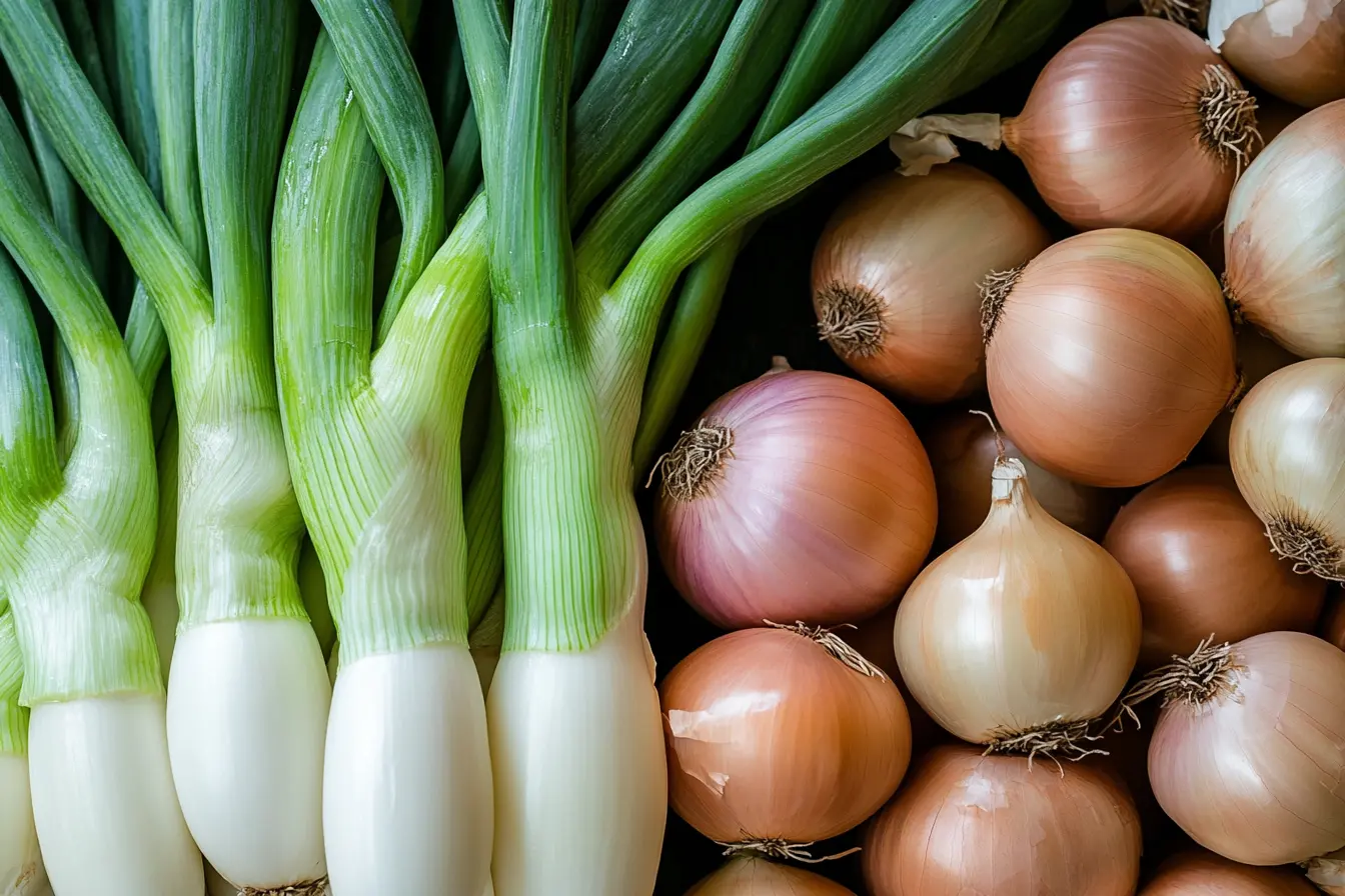 Fresh leeks and onions side by side showing their differences in appearance for soup preparation