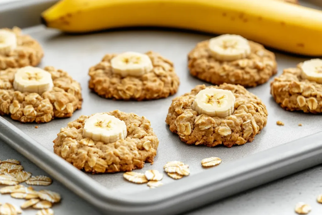 Close-up of banana oatmeal cookies, showcasing the texture and softness achieved with bananas instead of sugar.