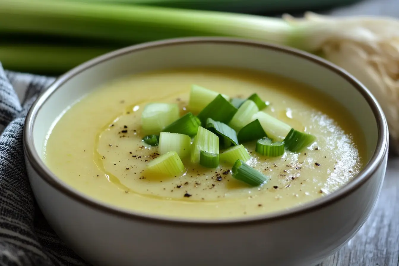 A bowl of creamy leek soup with green leek garnish