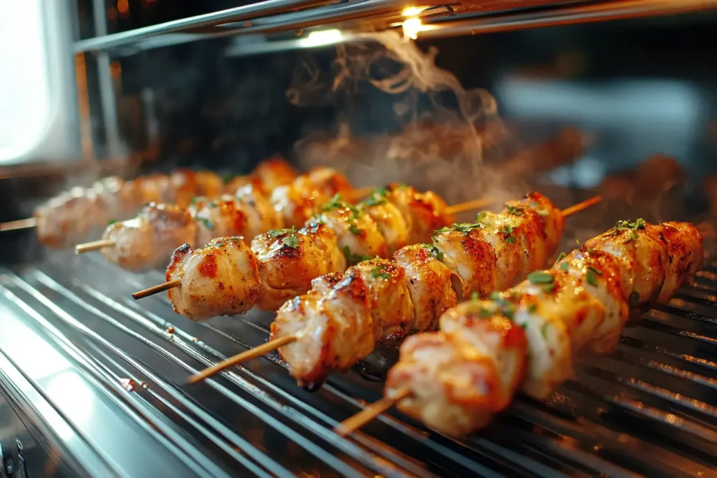 Golden-brown Costco chicken skewers cooking in an air fryer, showcasing a crispy exterior and juicy interior