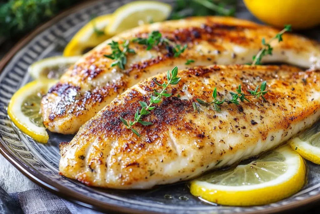 Grilled tilapia fillet served with lemon slices and herbs on a plate.