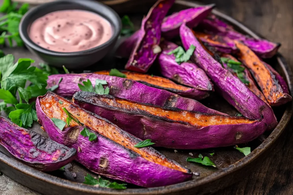 Crispy roasted purple sweet potato wedges with dipping sauce