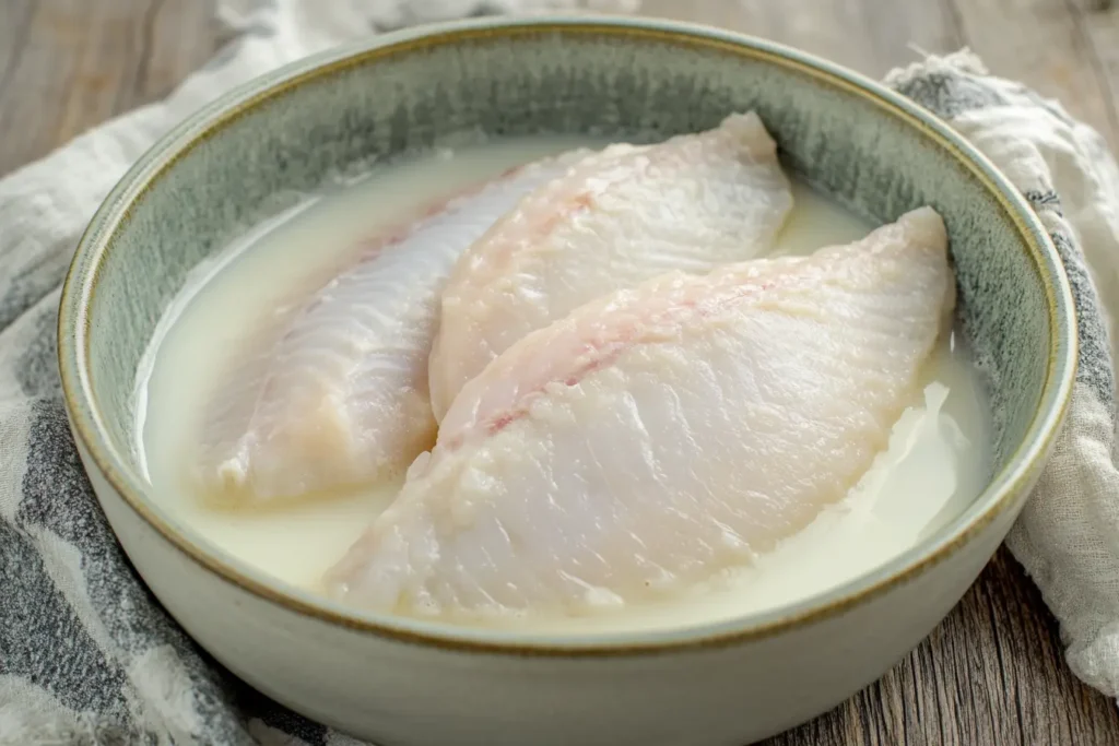 Tilapia fillets soaking in a bowl of milk to remove fishy odor and tenderize.