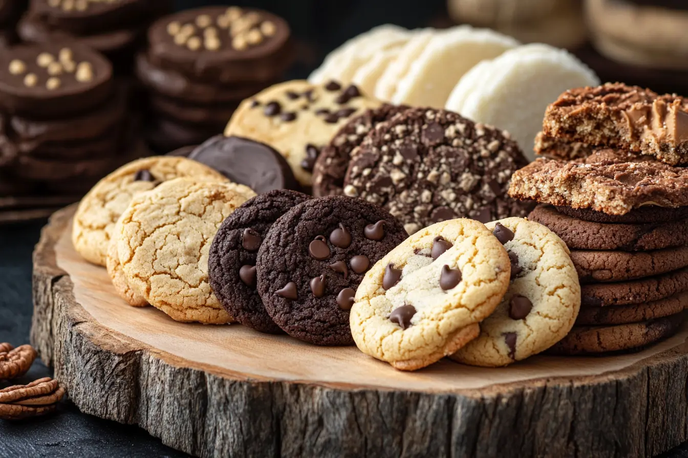 A variety of gluten-free cookies, including chocolate chip, sugar, and peanut butter.