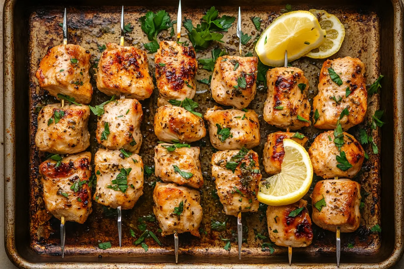 Overhead view of perfectly baked chicken kabobs on a tray with fresh herbs and lemon slices.