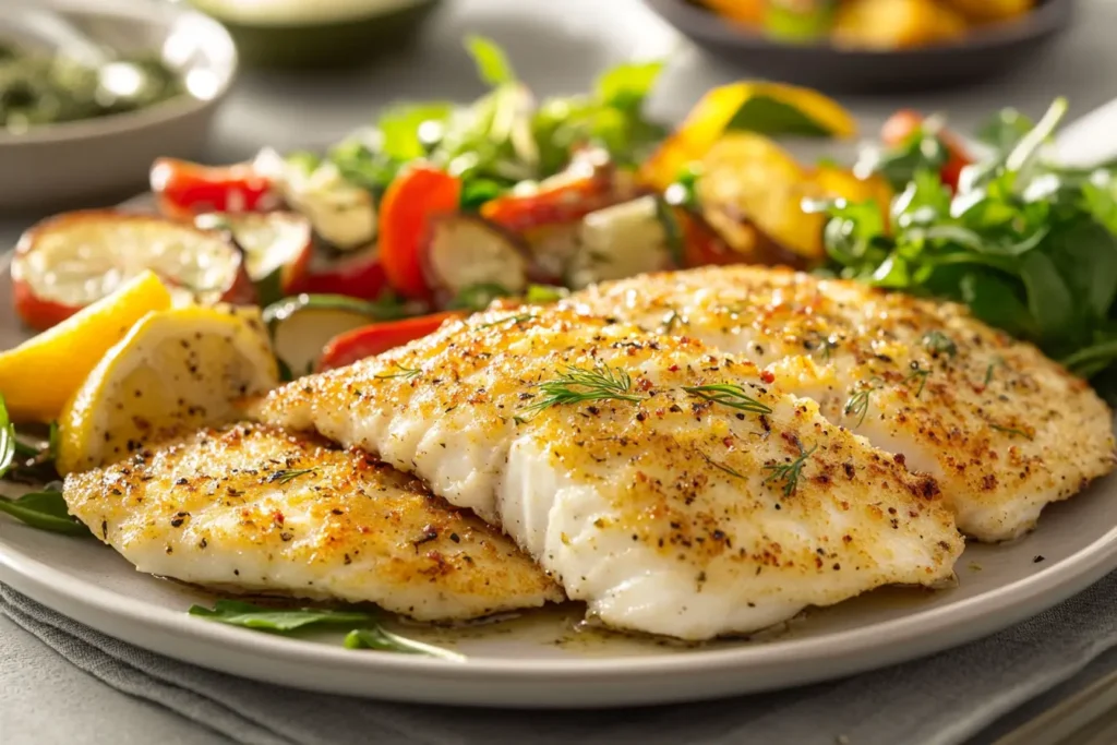 Crispy Sea Cuisine Parmesan Crusted Tilapia fillets served with roasted vegetables and a fresh green salad.