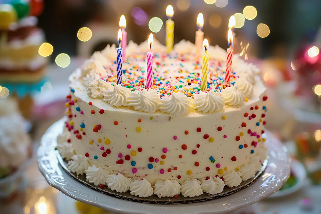 Close-up of a beautifully decorated birthday cake with intricate icing and candles, illustrating the factors that influence birthday cake cost