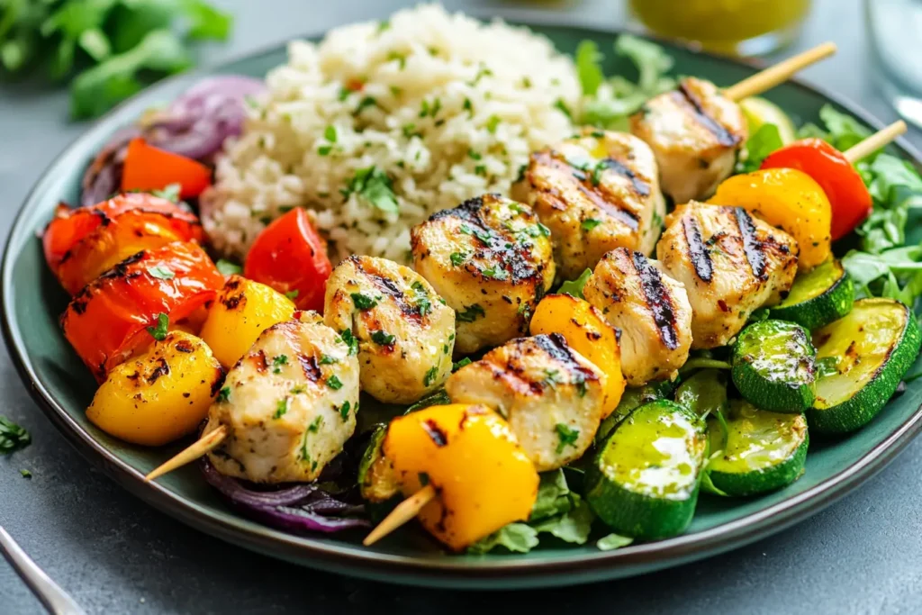 A plate of reheated Costco chicken skewers with rice pilaf, grilled vegetables, and a fresh salad.