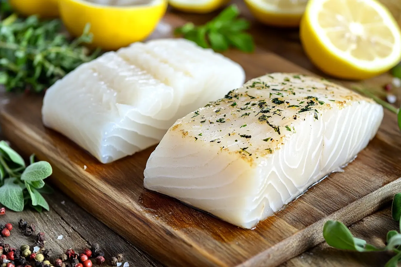 Side-by-side raw fillets of Chilean sea bass and cod with herbs and lemon.