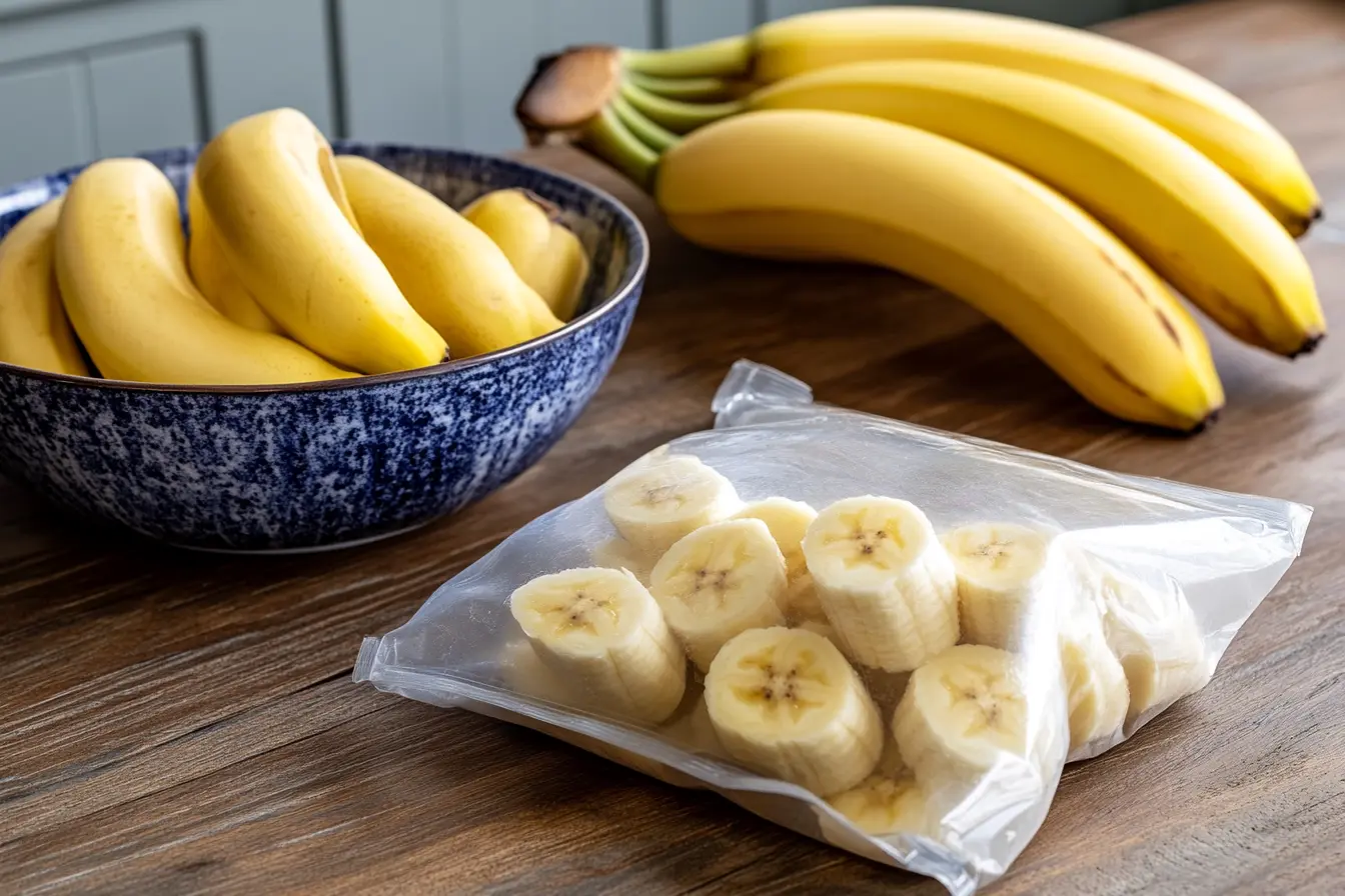 Peeled bananas stored in a freezer-safe bag, ready to be frozen for later use in baking.