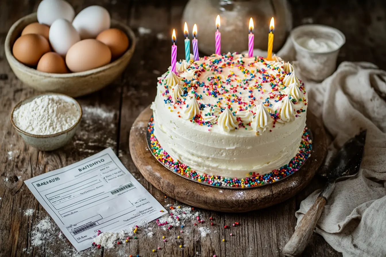 A beautifully decorated birthday cake with colorful frosting and candles next to baking ingredients like flour, sugar, and eggs on a wooden table, illustrating the comparison of costs in deciding whether it is cheaper to buy or make a birthday cake.