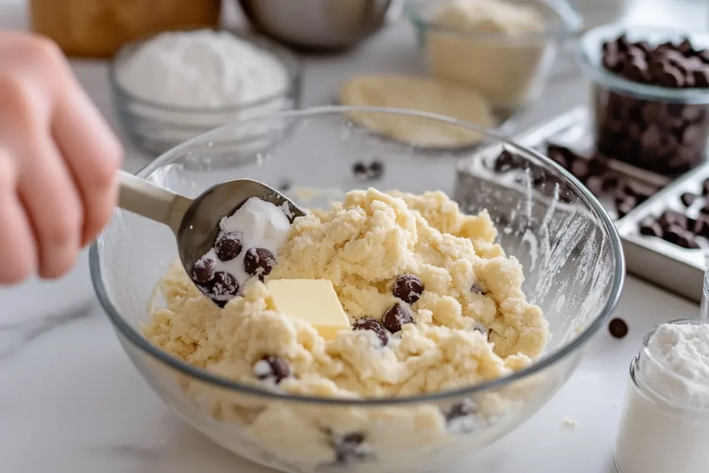 Cookie dough for chocolate chip cookies with a substitute for brown sugar using granulated sugar.