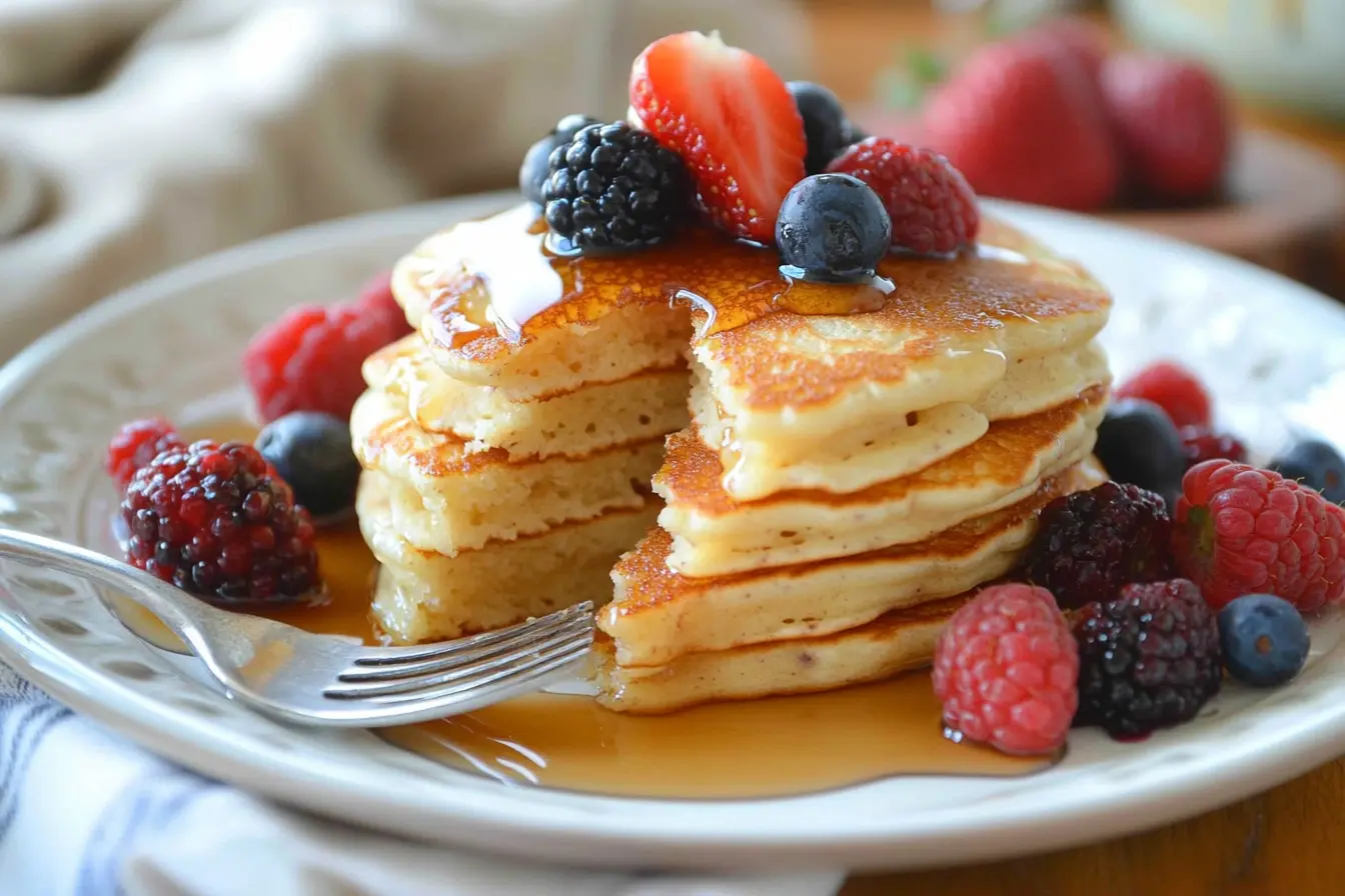 Fluffy sourdough discard pancakes with syrup and fresh berries