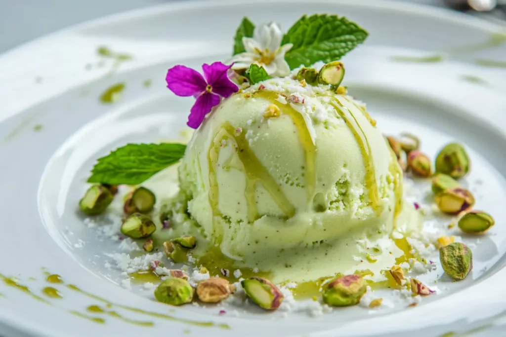 Scoop of pistachio ice cream topped with honey, crushed pistachios, and mint leaves, highlighting the nutty and creamy flavour.