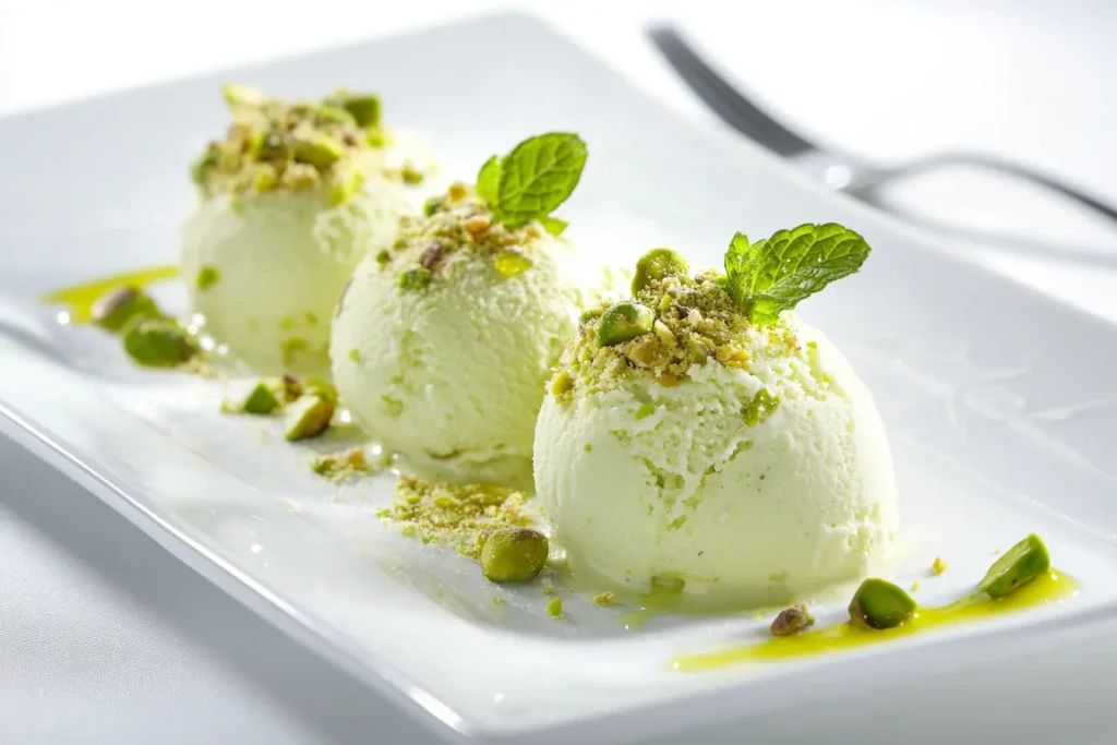 Beautifully plated pistachio dessert with creamy ice cream topped with crushed pistachios, mint leaves, and a honey drizzle.