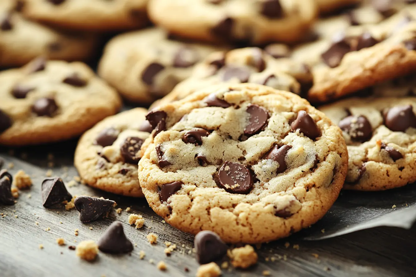 Flat, pale chocolate chip cookies without brown sugar on a baking sheet