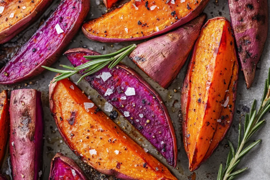 Roasted red and purple sweet potato wedges on a baking tray, garnished with rosemary