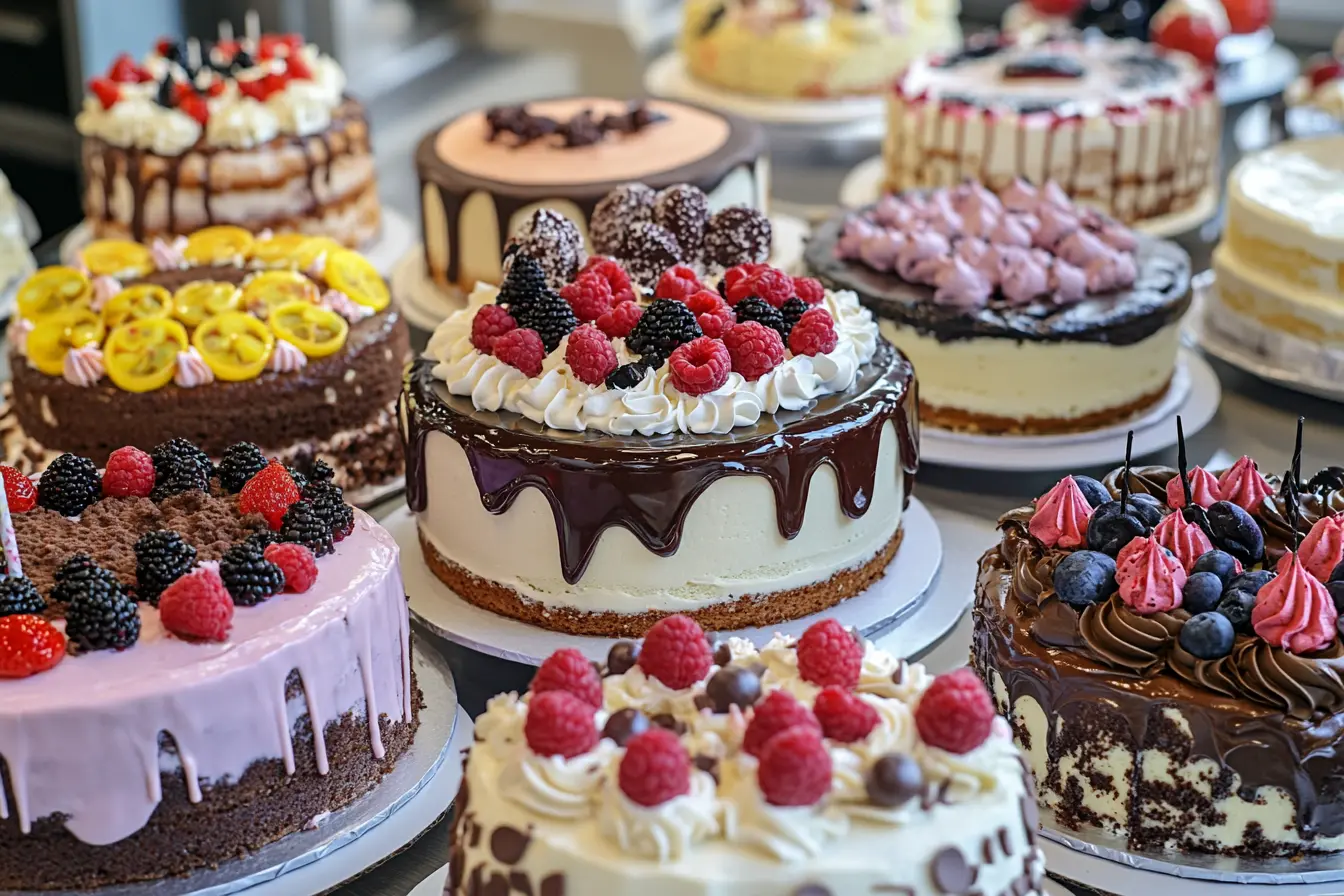 A variety of the most favorite birthday cakes, including chocolate, vanilla, red velvet, and carrot cakes, displayed on a table with different decorations.