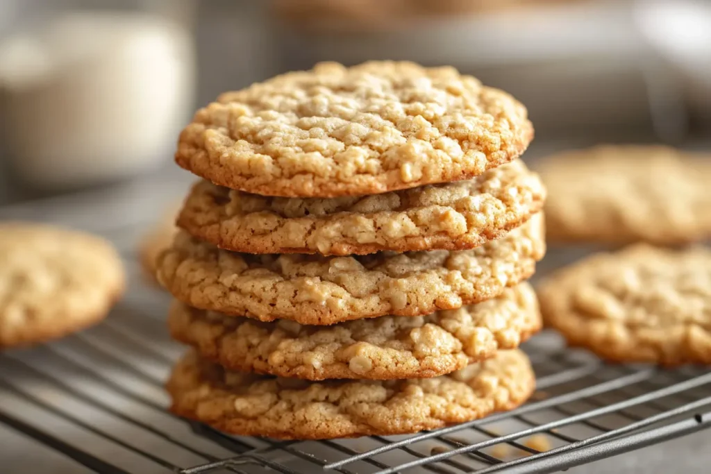 Stack of freshly baked soft cookies on a cooling rack.