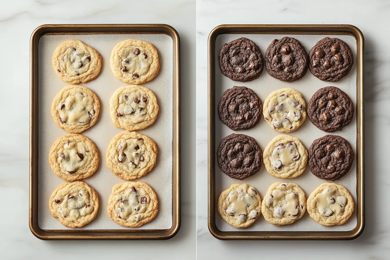 Side-by-side comparison of flat cookies and perfectly baked cookies.