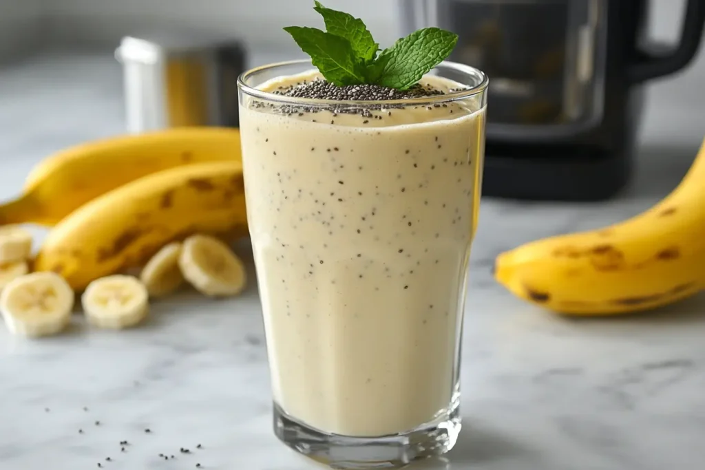 Creamy banana smoothie made with overripe bananas and chia seeds.