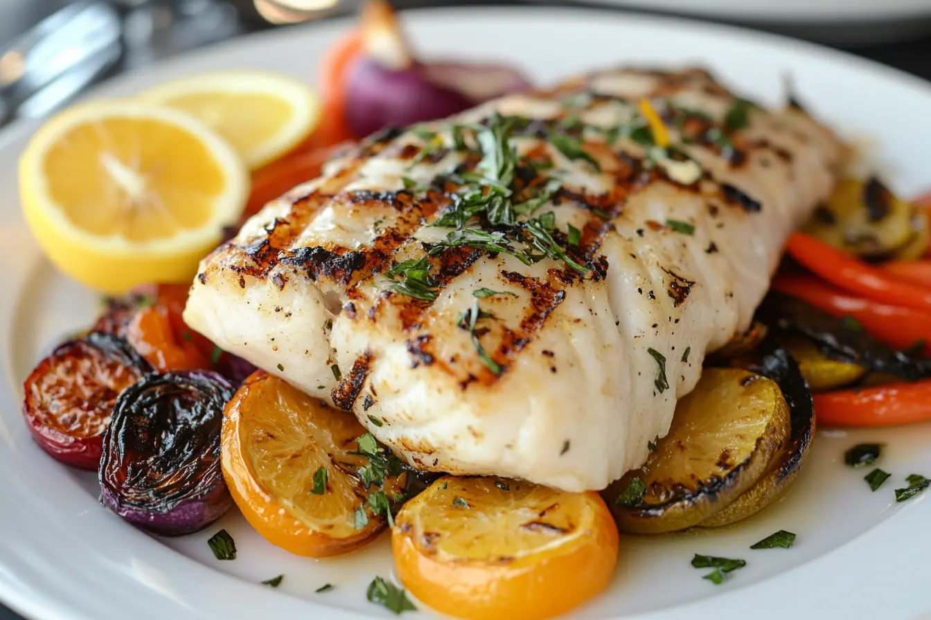 Grilled Chilean sea bass served with roasted vegetables for a healthy meal.