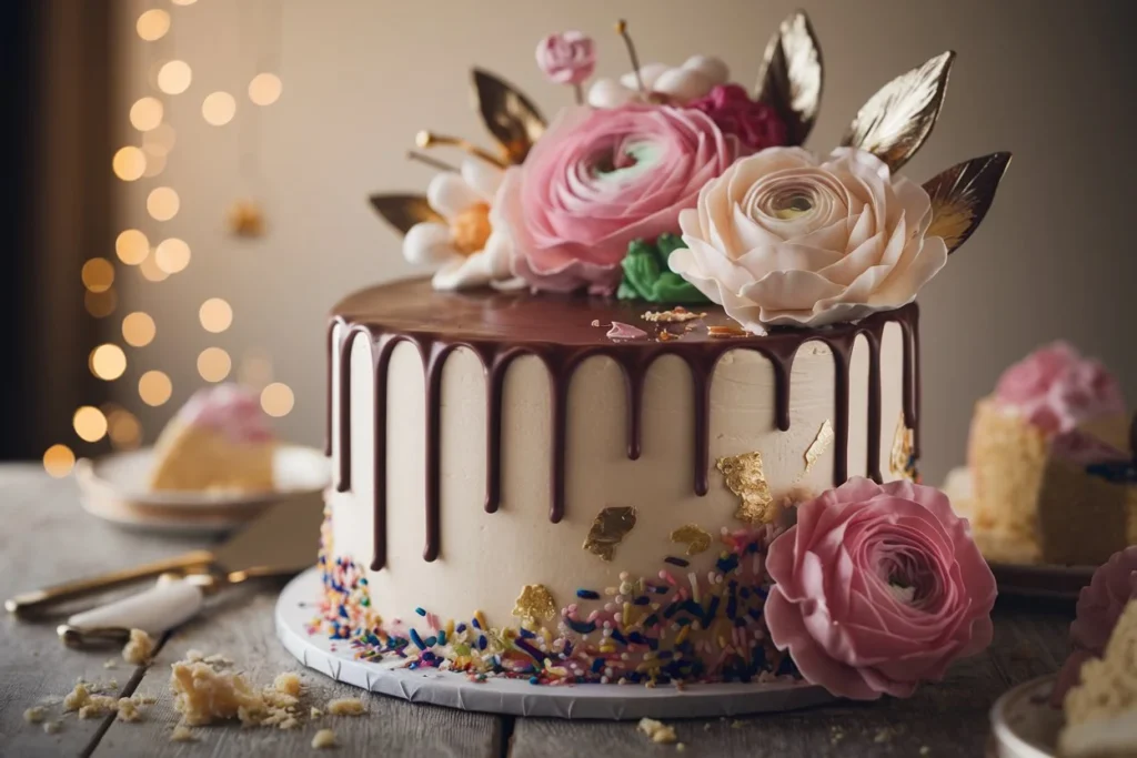 Hyper-realistic birthday cake with chocolate ganache drip, fondant decorations, and sugar flowers, showcasing which type of cake is best for a birthday.