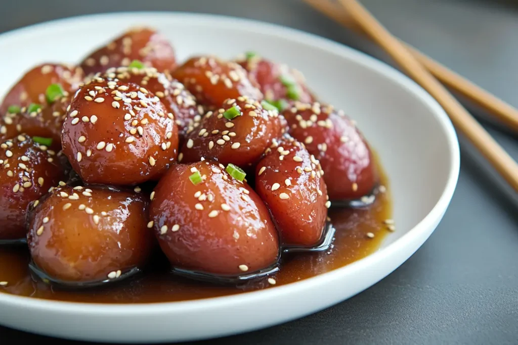 Daigaku Imo, a traditional Japanese candied sweet potato dish with sesame seeds.