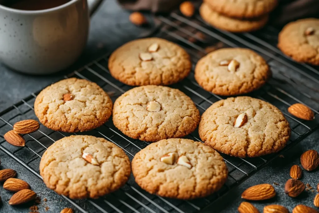 Soft and moist almond flour cookies on a cooling rack