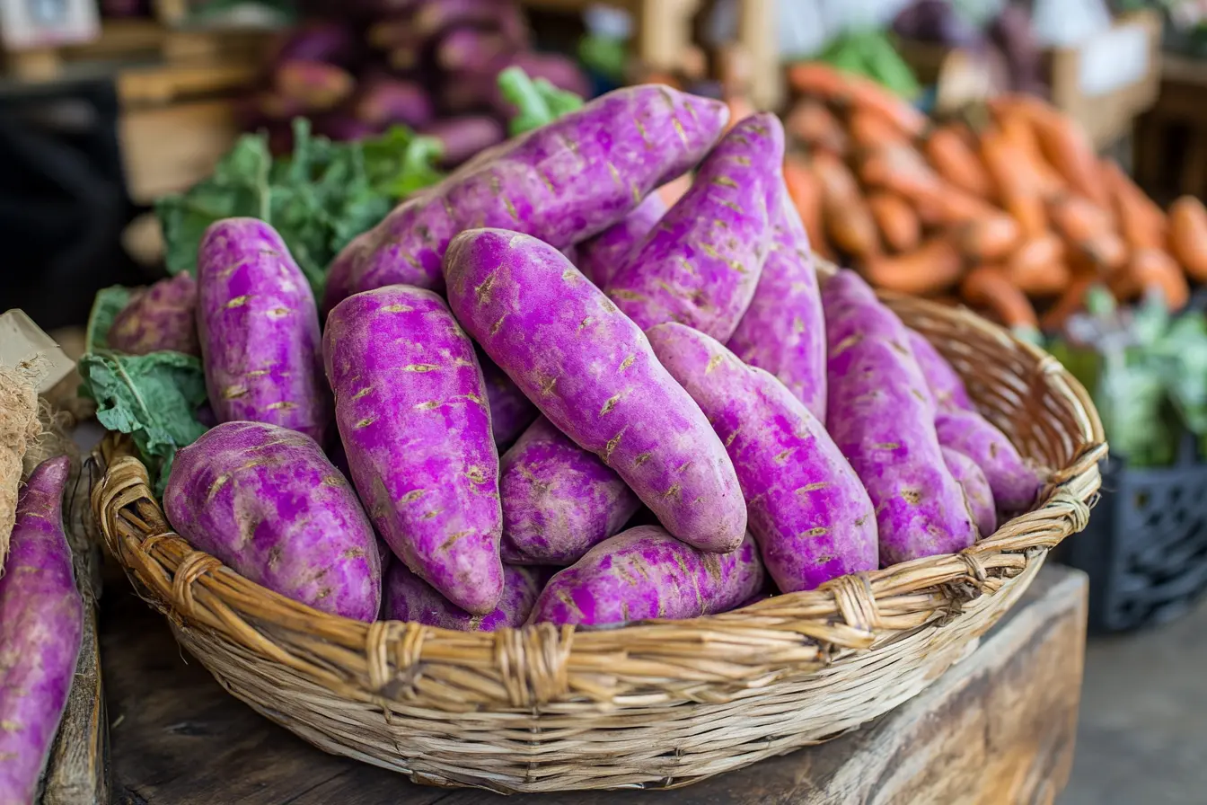 Purple sweet potatoes in a basket, highlighting their unique color and texture