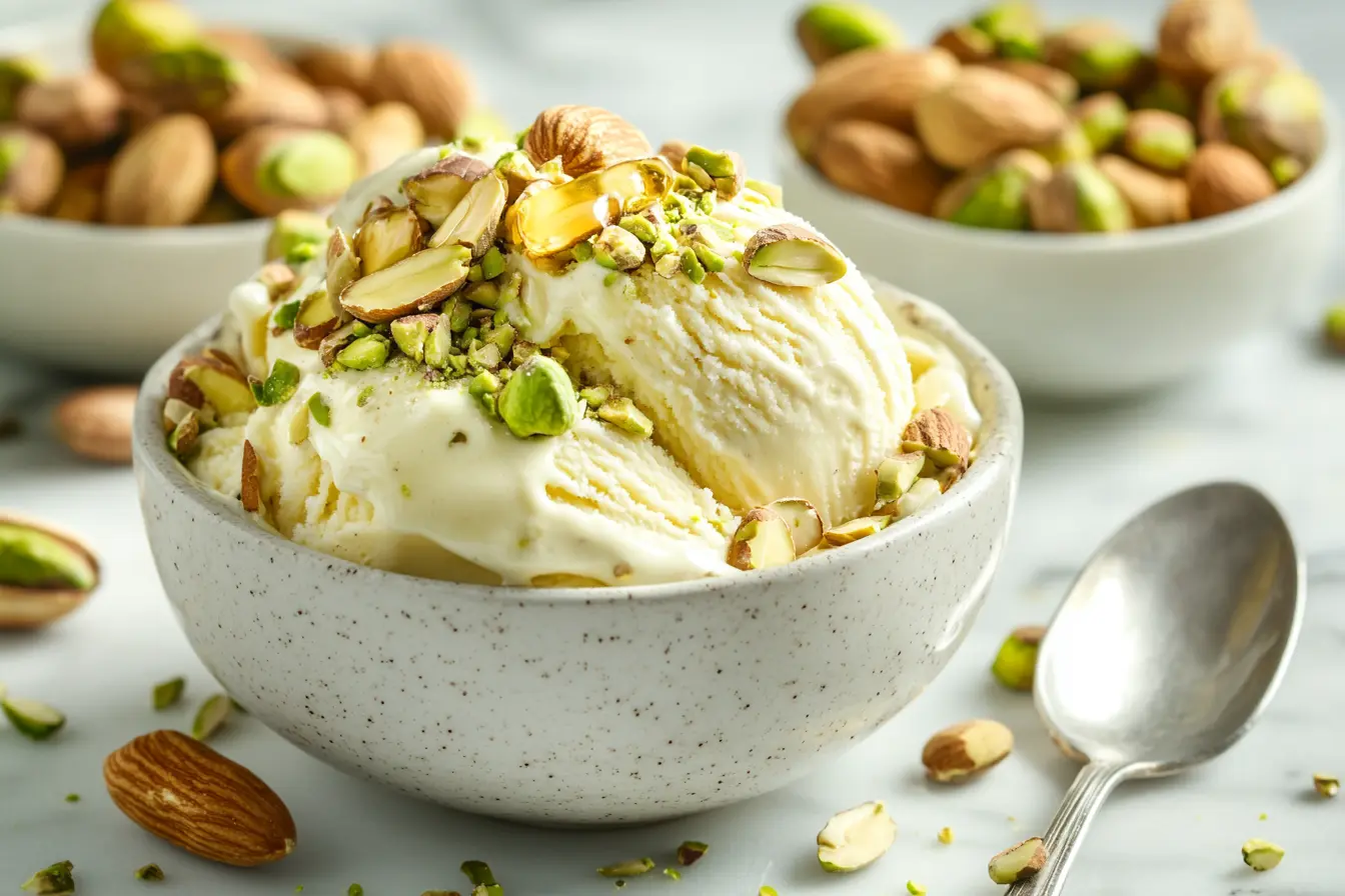 A pistachio ice cream sundae topped with honey, almond slices, and crushed pistachios on a marble countertop.