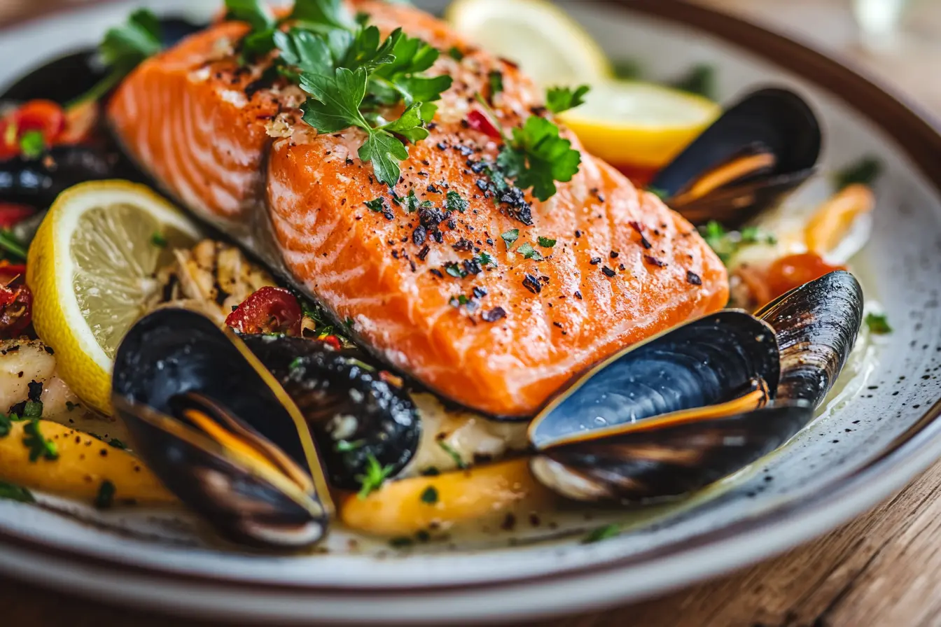 A plate of sustainable seafood alternatives to Chilean sea bass, including salmon, sardines, and mussels