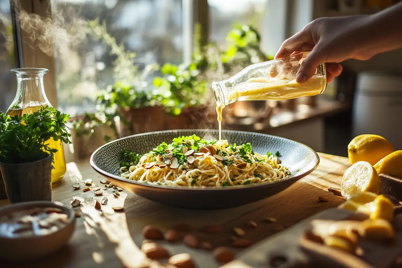 A cozy kitchen scene with a plate of noodles almondine being served on a rustic table, surrounded by fresh ingredients like almonds, parsley, and lemon, with a hand pouring sauce over the noodles. Soft morning light filters through a nearby window, creating a warm and inviting atmosphere.